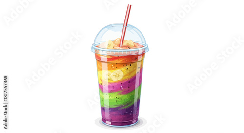 Colorful rainbow smoothie in a plastic cup