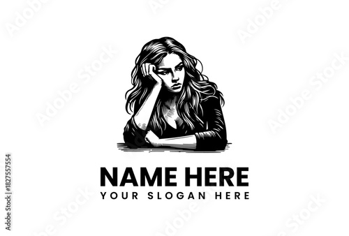 Melancholic Woman Portrait Logo Vector Illustration Template