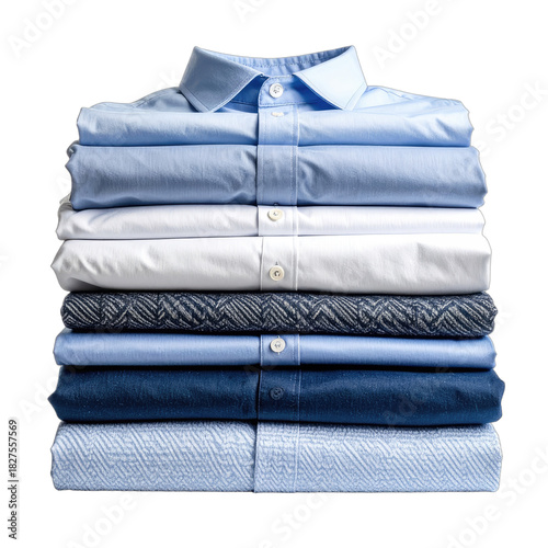 A neat stack of freshly pressed men's dress shirts in various shades of blue and white.