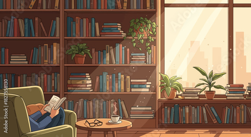 Person reading in a cozy library with bookshelves and plants by the window
