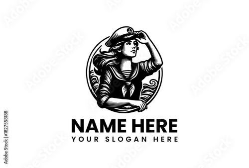 Sailor Girl Looking Forward Logo Vector Illustration in Black and White with Customizable Text Elements | 125