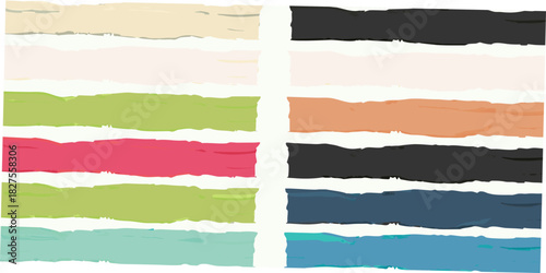 Abstract grid composition featuring torn paper with varied colors and textures