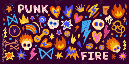 Colorful punk rock themed doodle illustration with hearts skulls and lightning bolts