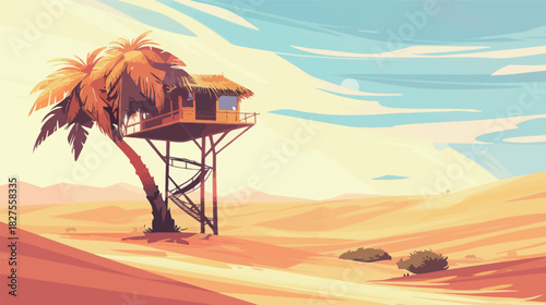Desert Oasis Palm Treehouse Hidden Near Sand Dunes — Fantasy Nature Illustration