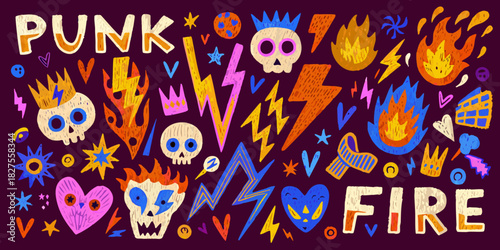 Colorful punk rock illustration featuring skulls flames and electric bolts