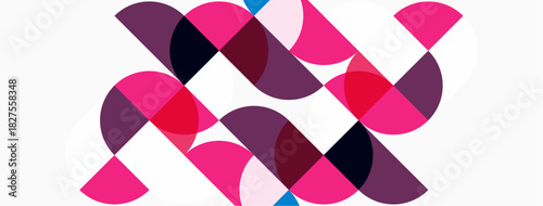 Abstract geometric pattern. Overlapping circles create dynamic composition. Pink, purple, navy hues dominate white background. Modern design element.