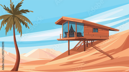Desert Oasis Palm Treehouse Hidden Near Sand Dunes — Fantasy Nature Illustration