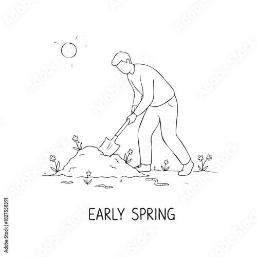 A man is digging in the dirt with a shovel. The image is titled "Early Spring." The man is wearing a jacket and he is working hard. The sun is shining brightly in the background, creating a warm