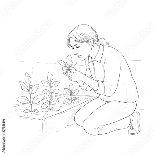 A woman is kneeling down in a garden and looking at a plant. She is holding a leaf in her hand