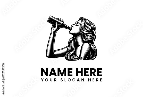 Attractive Woman Drinking From Bottle - Logo Vector Illustration
