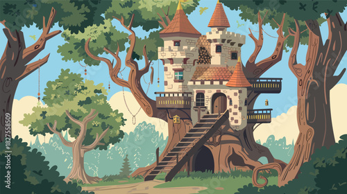 Fairy Tale Castle-Style Treehouse with Tiny Towers — Fantasy Woodland Architecture