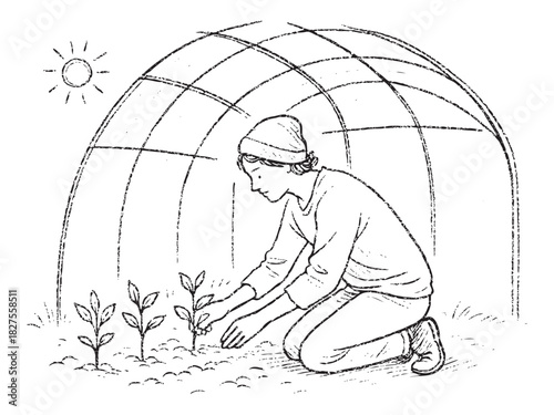 A man is planting a seed in a garden. Concept of hope and growth, as the man is nurturing the plant and helping it to grow. The garden setting also suggests a connection to nature