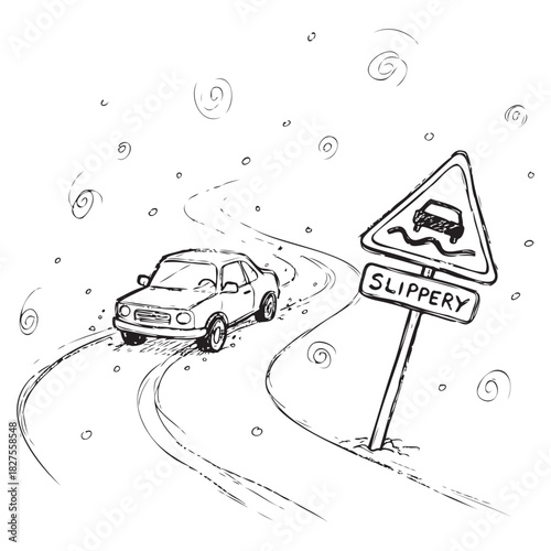 A car is driving down a snowy road and there is a sign that says slippery. Scene is somewhat ominous and cautionary, as the driver must be careful while navigating the slippery road