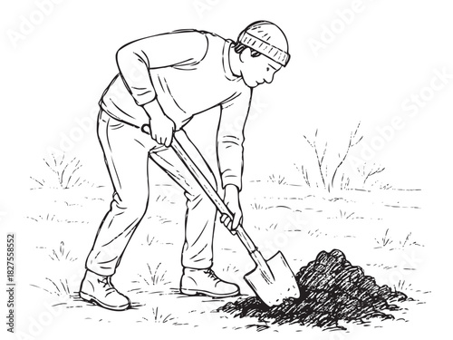 A man is digging a hole in the ground. He is wearing a hat and a jacket. The scene is set in a field