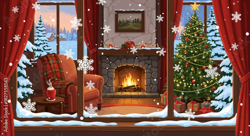 Cozy christmas living room with fireplace and decorated tree seen through window