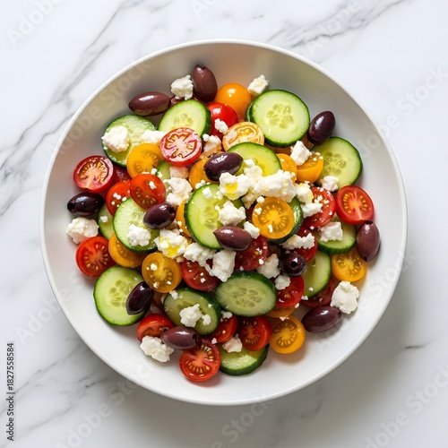 Fresh greek salad with tomatoes cucumbers olives and feta cheese