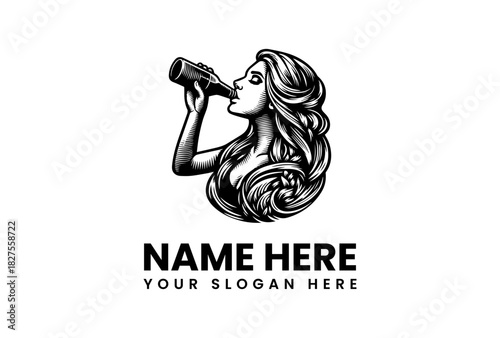 Captivating vintage-style woman drinking from a bottle vector illustration, a sophisticated logo design for a beverage brand or classic saloon