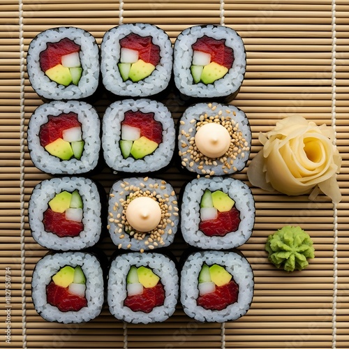 Delicious sushi rolls with tuna and avocado on bamboo mat