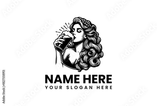 Vintage Woman Drinking Beer Logo Vector Illustration – Classic Pub Tavern Bar Design Element