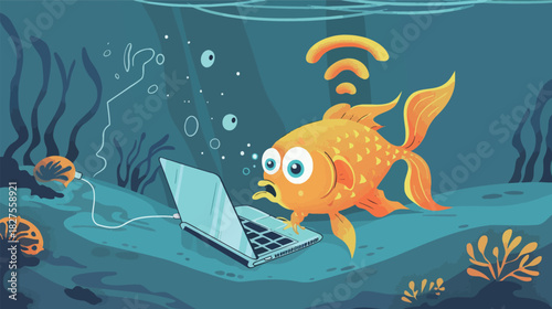 Cartoon Fish Using a Laptop at the Bottom of the Sea Complaining — Funny Underwater Illustration