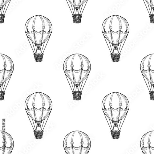 Balloon with a wicker basket, black and white sketch. Vector illustration. Seamless pattern with geometric pattern of a child's toy, isolated on a white background. Birthday theme, nursery decor
