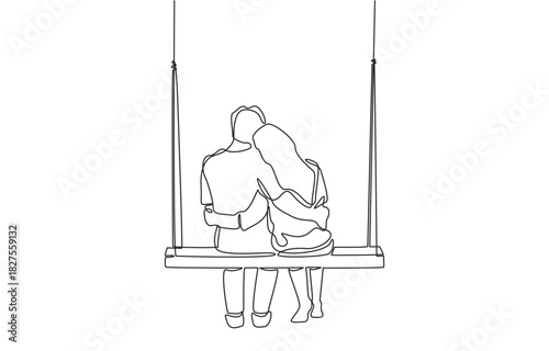 Continuous one line drawing of couple sitting closely together on swing, symbolizing love, comfort, intimacy, and peaceful shared moment, single line art.