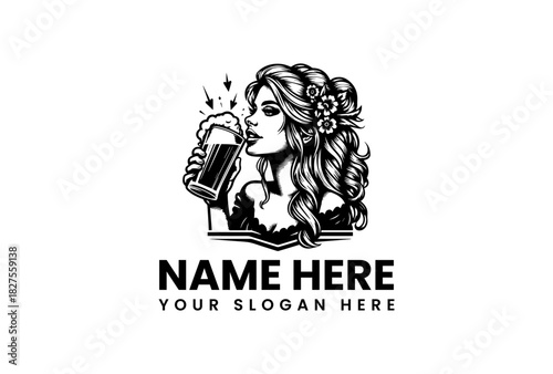 Classic logo illustration of a beautiful girl with flowers drinking from a beer mug, vintage style vector design for a pub or brewery