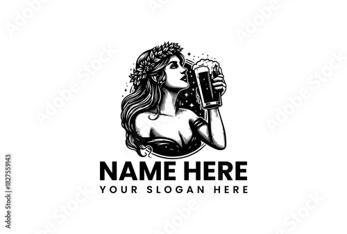 Woman with Beer Glass Logo Vector Illustration Elegant design for craft brewery, bar, or pub