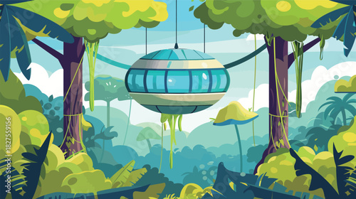 Futuristic Pod Treehouse Hanging in Massive Jungle — Sci-Fi Nature Concept Art