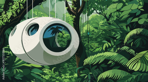 Futuristic Pod Treehouse Hanging in Massive Jungle — Sci-Fi Nature Concept Art