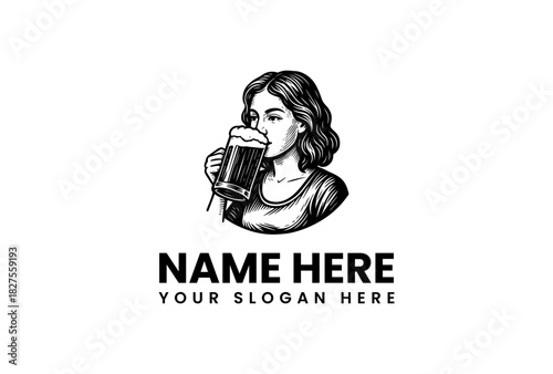 Vintage logo vector illustration of a beautiful woman drinking beer from a mug, hand-drawn retro sketch for a pub or brewery design