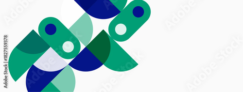 Abstract shapes overlap, creating dynamic composition. Greens, blues dominate white background. Modern design, simple geometry present.