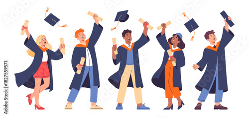 A group of joyful graduates celebrating their accomplishments, throwing caps into the air in a lively graduation ceremony that embodies achievement, success, and future aspirations.
