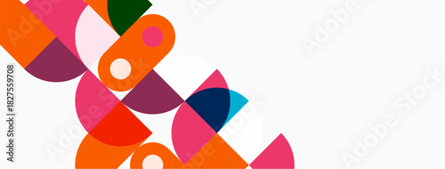 Abstract colorful shapes overlap, creating dynamic composition. Pink, orange, teal dominate white background. Modern design elements present.