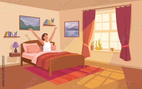 A person wakes up and stretches joyfully in a well-lit bedroom, representing a new day filled with opportunities and a fresh start in a cozy, inviting atmosphere.