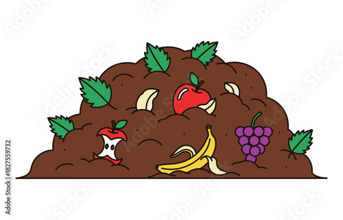 An illustration of a compost pile filled with decomposing fruit and food scraps like apples, bananas, and grapes.