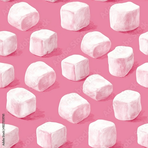 Seamless pattern painting technique of pink marshmallows on a delicate pink background, sweet and playful dessert design