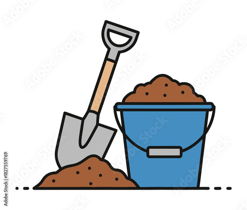 A simple illustration of a shovel and a blue bucket filled with brown dirt, with a small pile of dirt on the ground.