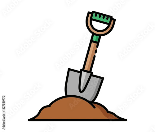 A shovel stuck in the ground, illustrating gardening or construction work.