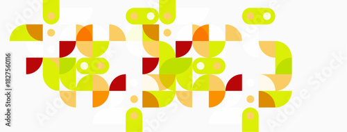 Abstract geometric shapes, orange, green, red hues. Pattern repeats, creating dynamic visual texture. Minimalist design, flat illustration style.