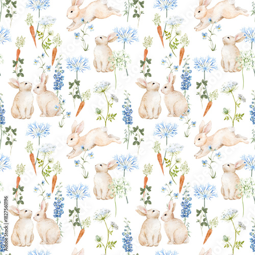Watercolor seamless patterns with bunnies, carrots and wildflowers. Soft hand-painted spring design perfect for nursery wallpaper, fabric, Easter decor and cute baby projects.
