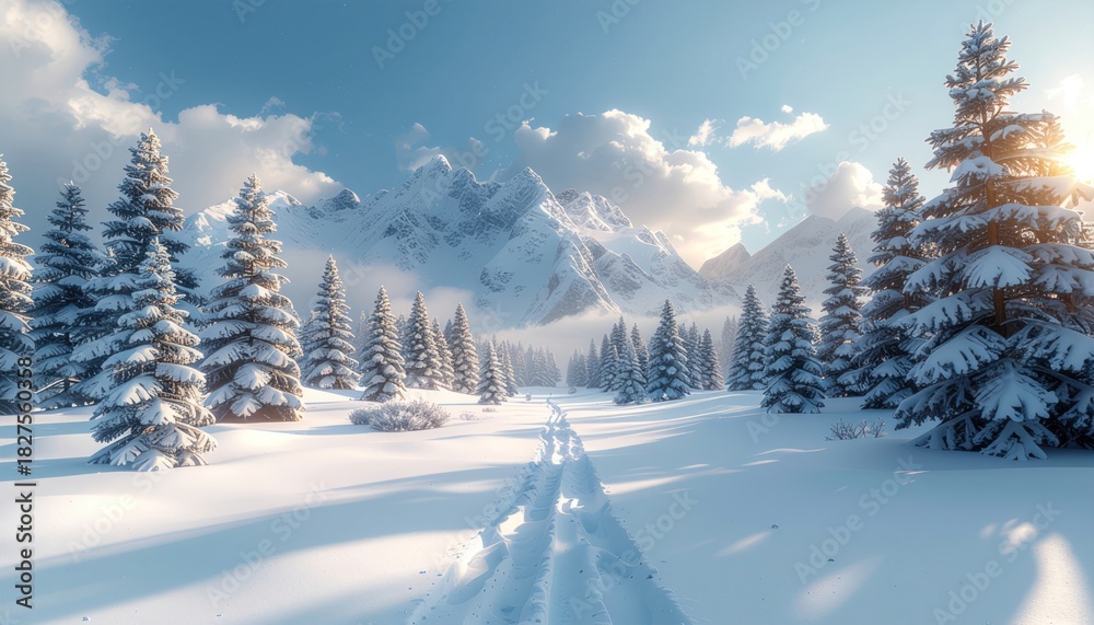 Obraz premium Majestic Snow covered Mountains with Pine Trees and Ski Tracks Under a Bright Sky