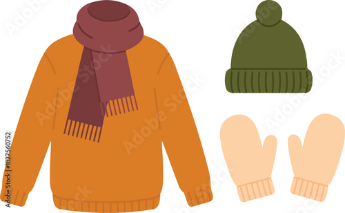 Cozy winter clothing set featuring orange sweater burgundy scarf green hat and beige mittens pixel art vector illustration isolated collection