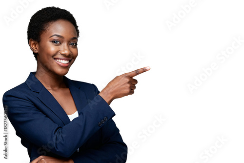 Smiling African American businesswoman confidently pointing right, perfect for business concepts, isolated on transparent background.