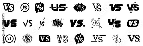 Versus logo for competition, championship. Set of versus icons in black. Compare template for game, battle and sport. VS letters logo collection. Black versus logo letters