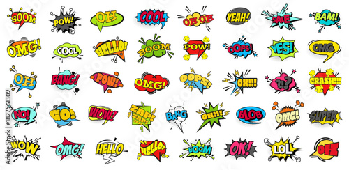 Comic speech bubble collection with colorful words and sound effects. Pop art text explosions express emotions and action