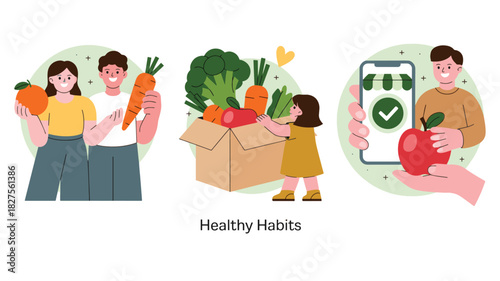 Family promoting healthy eating habits with fresh fruit and vegetable delivery