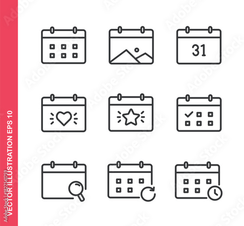 Set of line icons related to calendar. Outline icons collection. Editable stroke. Vector illustration