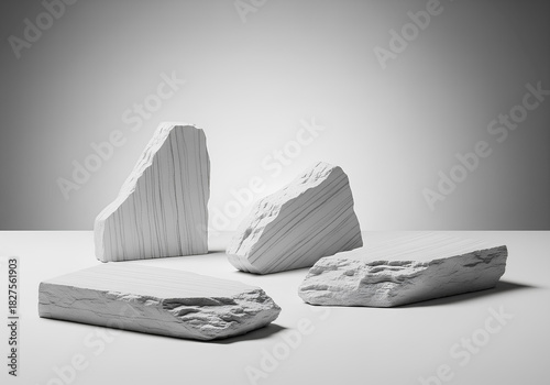 Minimalist 3D rendered scene featuring four abstract geometric white stone slabs with rough, striated textures, perfectly angled for product display or cosmetic podium presentation.