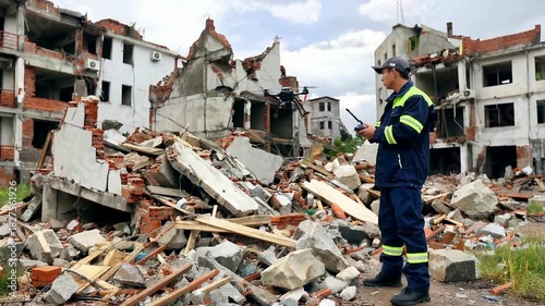 Emergency Worker Operates Drone to Survey Devastating Building Destruction.